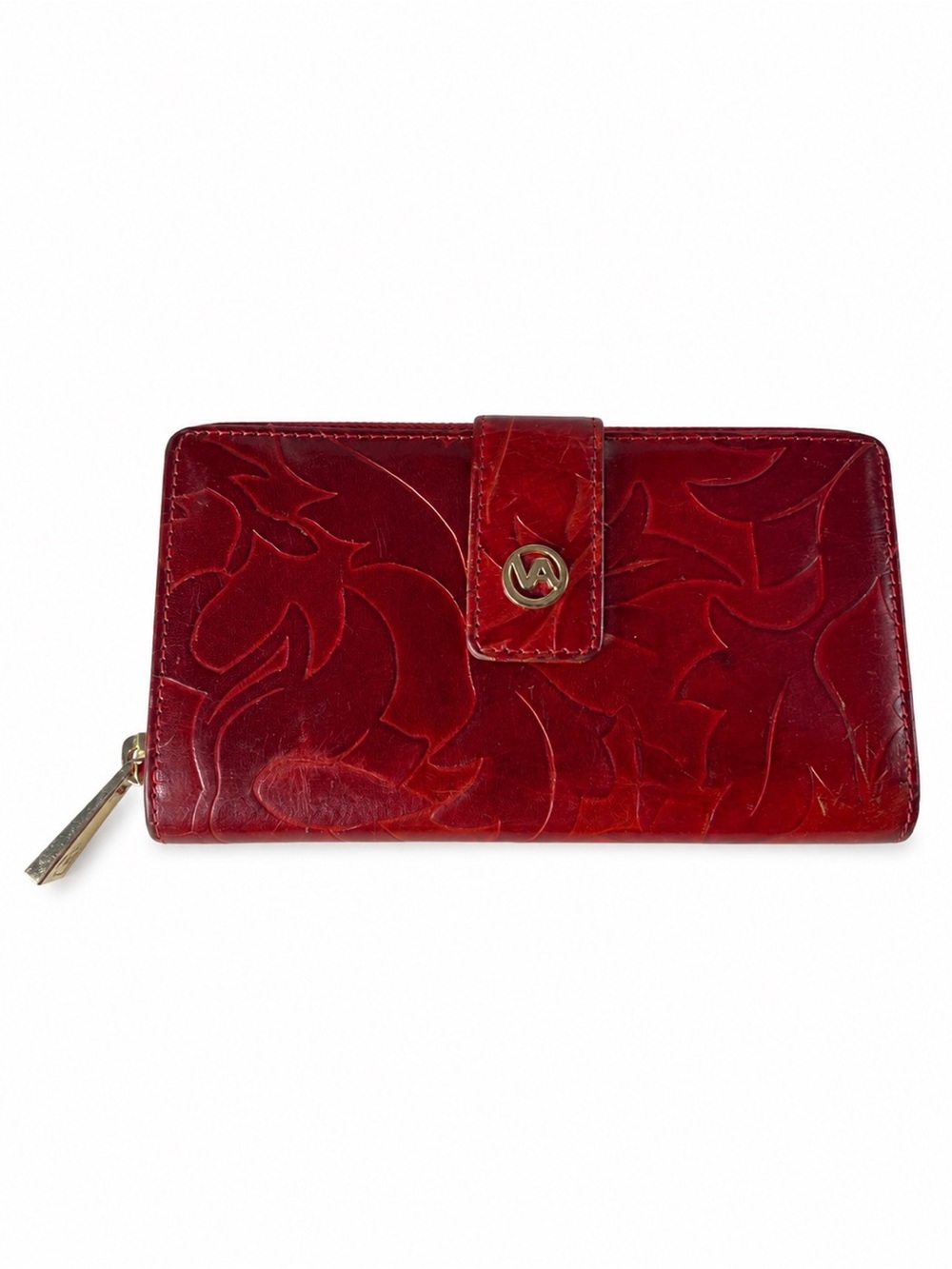 Valentina Italian Genuine Leather Red Embossed Floral Zip Around Wallet